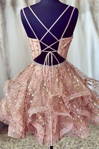 Rosa Heimkehrkleid mit tiefem V-Ausschnitt und Pailletten, kurzes Ballkleid PD426