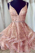 Robe de bal courte sequinée à décolleté profond en V rose PD426