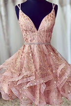 Pink Deep V-Neck Homecoming Dress Sequined Short Prom Dress PD426