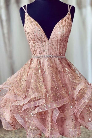 Rosa Heimkehrkleid mit tiefem V-Ausschnitt und Pailletten, kurzes Ballkleid PD426