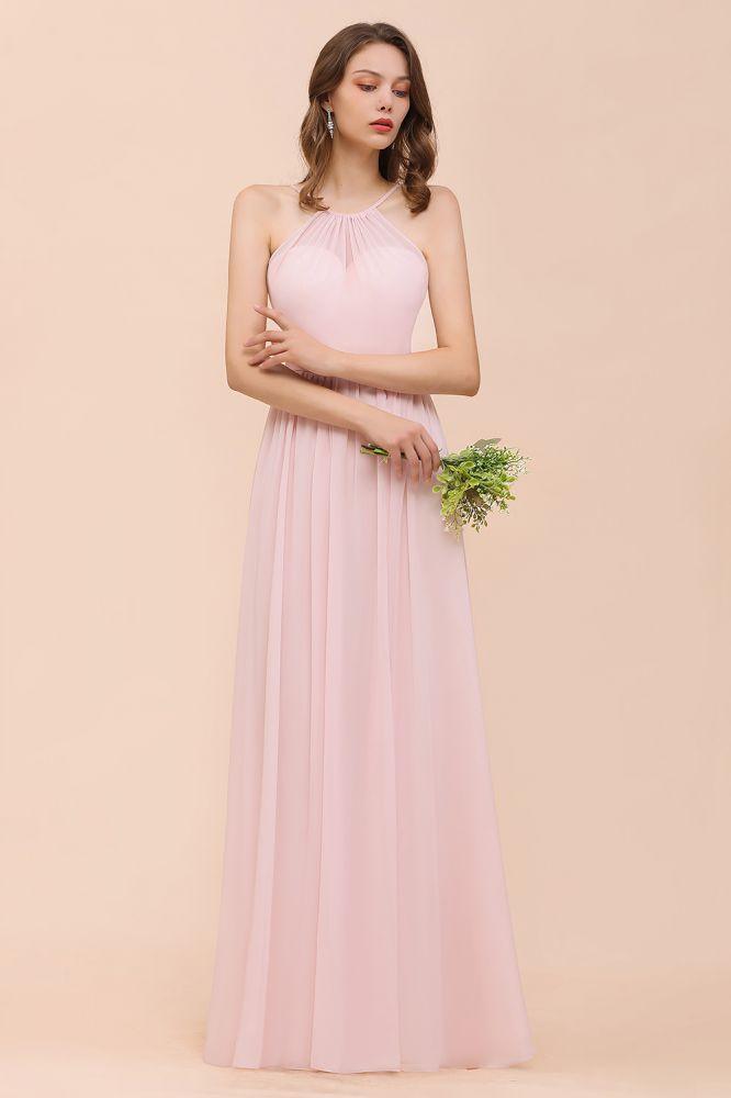 Pink Girls Bridesmaid Dress Halter Floor Length Chiffon Beach Wedding Party Dress