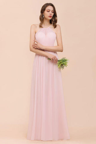 Rosa Mädchen Brautjungfernkleid Neckholder Bodenlang Chiffon Strand Hochzeit Partykleid