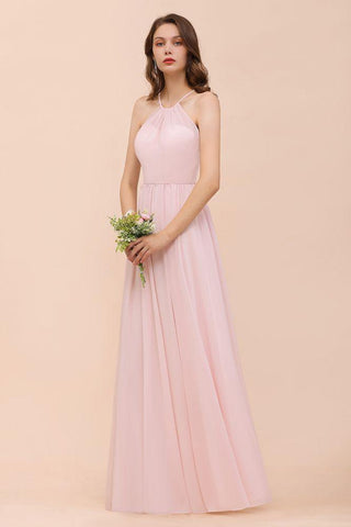 Rosa Mädchen Brautjungfernkleid Neckholder Bodenlang Chiffon Strand Hochzeit Partykleid