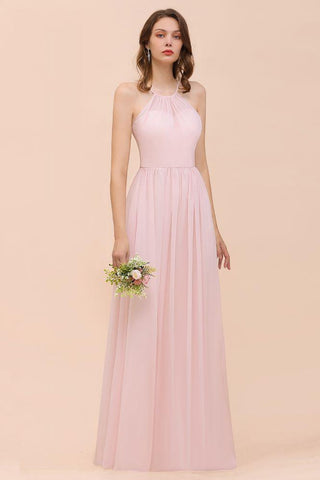 Rosa Mädchen Brautjungfernkleid Neckholder Bodenlang Chiffon Strand Hochzeit Partykleid