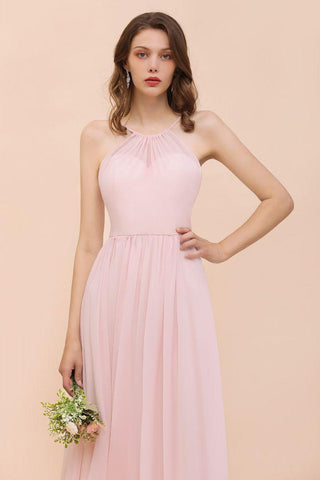 Rosa Mädchen Brautjungfernkleid Neckholder Bodenlang Chiffon Strand Hochzeit Partykleid