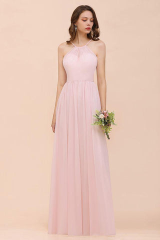 Rosa Mädchen Brautjungfernkleid Neckholder Bodenlang Chiffon Strand Hochzeit Partykleid