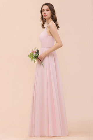 Rosa Mädchen Brautjungfernkleid Neckholder Bodenlang Chiffon Strand Hochzeit Partykleid