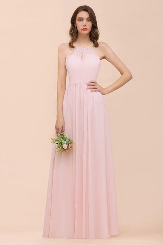 Rosa Mädchen Brautjungfernkleid Neckholder Bodenlang Chiffon Strand Hochzeit Partykleid