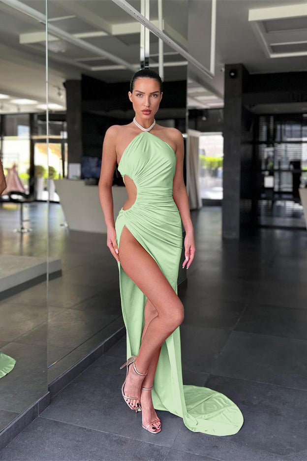 Dark Green Halter Sleeveless Mermaid Prom Dress with Long Split