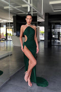 Vestido de Fiesta Sirena Tirantes Sin Mangas Verde Oscuro con Abertura Larga