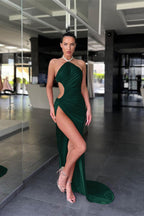 Dark Green Halter Sleeveless Mermaid Prom Dress with Long Split