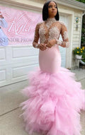 Vestido de Fiesta Tul de Sirena con Cuello Alto Largo y Aplicaciones de Encaje