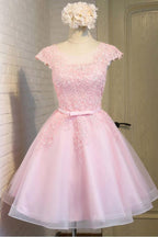 Pink Lace Short Tulle Homecoming Dresses Party Dresses with Cap Sleeves  PG138