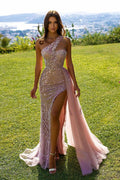 Rosa langes Meerjungfrau-Ballkleid mit One-Shoulder-Ausschnitt und Pailletten