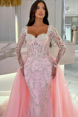 Pink Long Sleeves Sweetheart Tulle Appliques Lace Mermaid with Detachable Train
