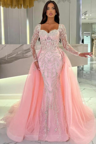 Pink Long Sleeves Sweetheart Tulle Appliques Lace Mermaid with Detachable Train