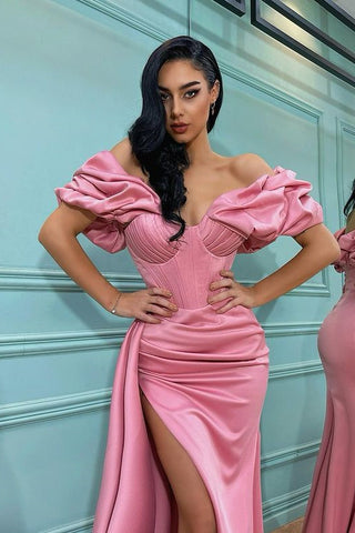 Long Mermaid Off-the-Shoulder Split Satin Formal Prom Dress