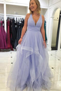 Langes Ball-/Abendkleid aus rosa Tüll mit Rüschen und überkreuztem Rücken PG823