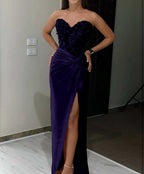 Royal Blue Long Mermaid Sequin Applique Satin Evening Dress with High Slit