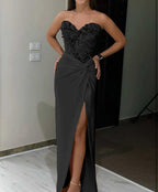 Royal Blue Long Mermaid Sequin Applique Satin Evening Dress with High Slit