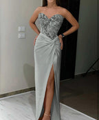 Royal Blue Long Mermaid Sequin Applique Satin Evening Dress with High Slit