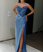Royal Blue Long Mermaid Sequin Applique Satin Evening Dress with High Slit