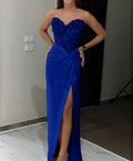 Vestido de Noche de Saten Azul Real Largo con Cola de Sirena, Aplicación de Lentejuelas y Abertura Alta
