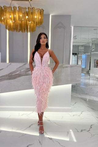 Short Mermaid V-neck Sequin Evening Dress with Beaded Feather