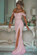 Vestido de noche largo de sirena con hombros descubiertos y lentejuelas con abertura