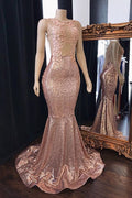 Robe de bal sirène à paillettes roses Longue robe du soir en tulle sans dos