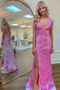 Robe de soirée longue sirène à paillettes, décolleté en V, dos nu, sans manches et avec fente haute