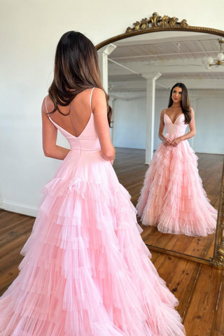 Pink Long A-line V-neck Sleeveless Spaghetti Strap Tulle Backless Formal Dresses