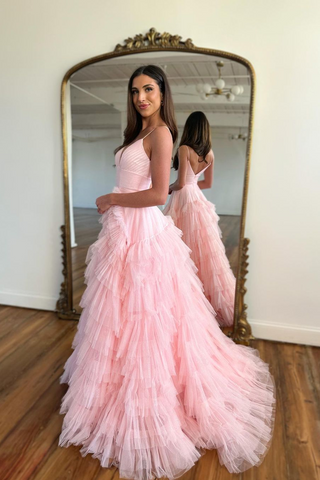 Pink Long A-line V-neck Sleeveless Spaghetti Strap Tulle Backless Formal Dresses