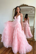 Robe de soirée rose longue en ligne A à encolure en V sans manches à fines bretelles en tulle dos nu