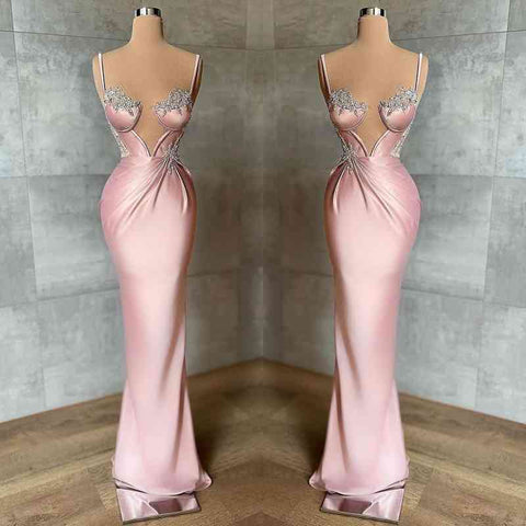 Long Mermaid Sweetheart Spaghetti Strap Satin Beads Prom Dress