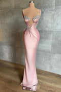 Vestido de Fiesta Largo de Sirena con Escote Corazón, Tirantes Espagueti, Satén y Abalorios