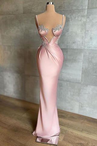 Long Mermaid Sweetheart Spaghetti Strap Satin Beads Prom Dress