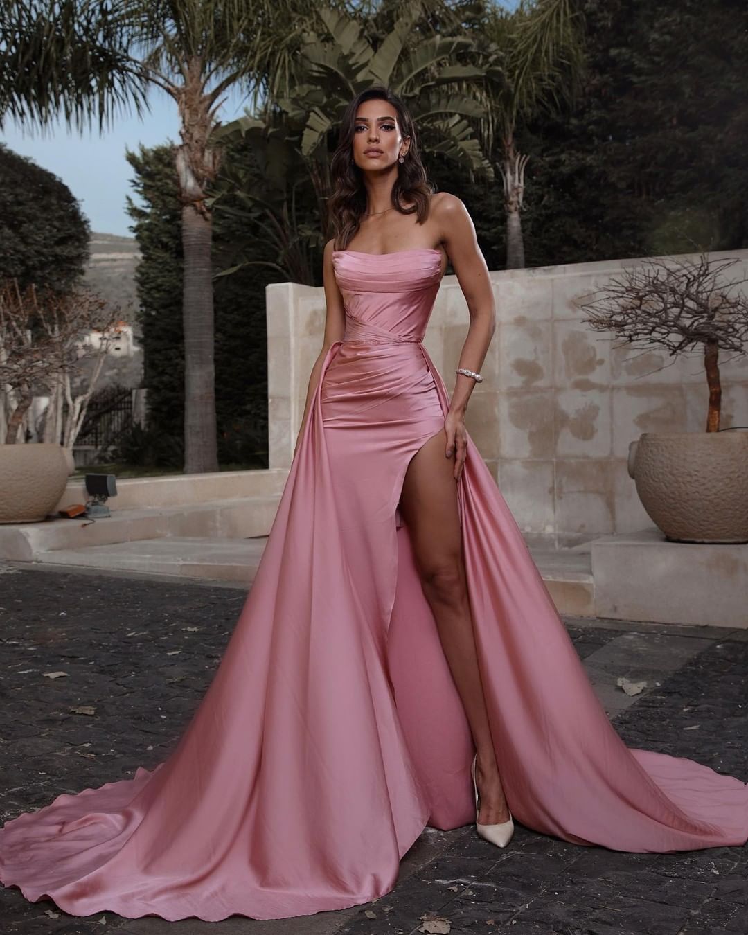 Long Mermaid Strapless Sleeveless Slit Satin Prom Dress with Detachable Skirt