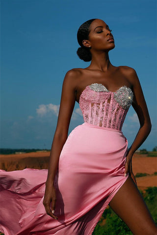 Long Sweetheart Mermaid Satin Lace Appliques Evening Dress with Split