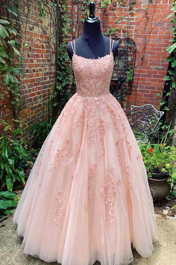 Langes Ballkleid mit Tüllspitze und U-Ausschnitt und Spaghettiträgern, formelle Abendkleider PSK014