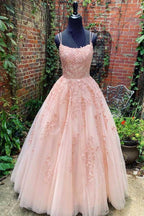 Langes Ballkleid mit Tüllspitze und U-Ausschnitt und Spaghettiträgern, formelle Abendkleider PSK014