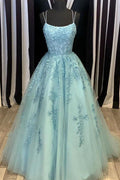 Langes Ballkleid mit Tüllspitze und U-Ausschnitt und Spaghettiträgern, formelle Abendkleider PSK014