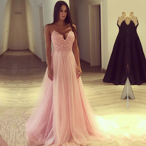 Long A-line V-neck Tulle Lace Spaghetti Straps Prom Dress