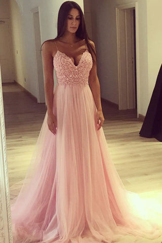 Long A-line V-neck Tulle Lace Spaghetti Straps Prom Dress