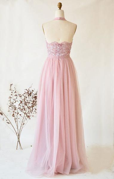 Vestido de baile de finalistas comprido, sem alças, em tule rosa e renda, gola alta, PSK106