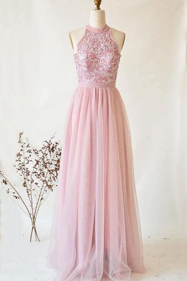 Vestido de baile de finalistas comprido, sem alças, em tule rosa e renda, gola alta, PSK106