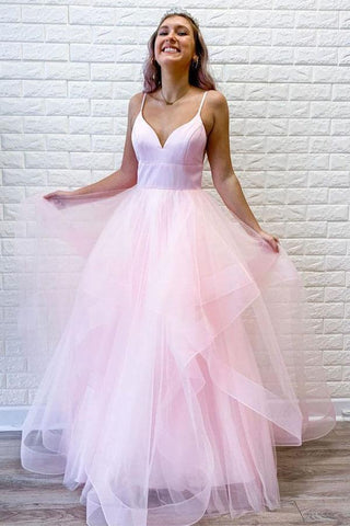 Vestido de baile/formal comprido, simples, com folhos em tule rosa e alças finas PSK093