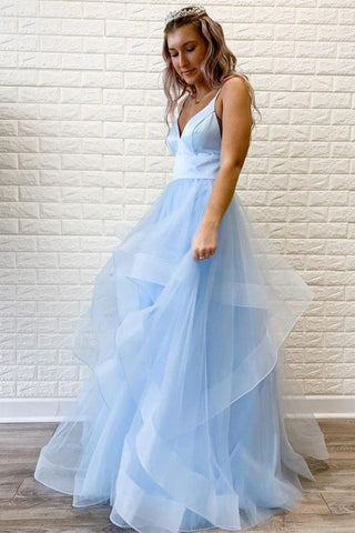 Vestido de baile/formal comprido, simples, com folhos em tule rosa e alças finas PSK093