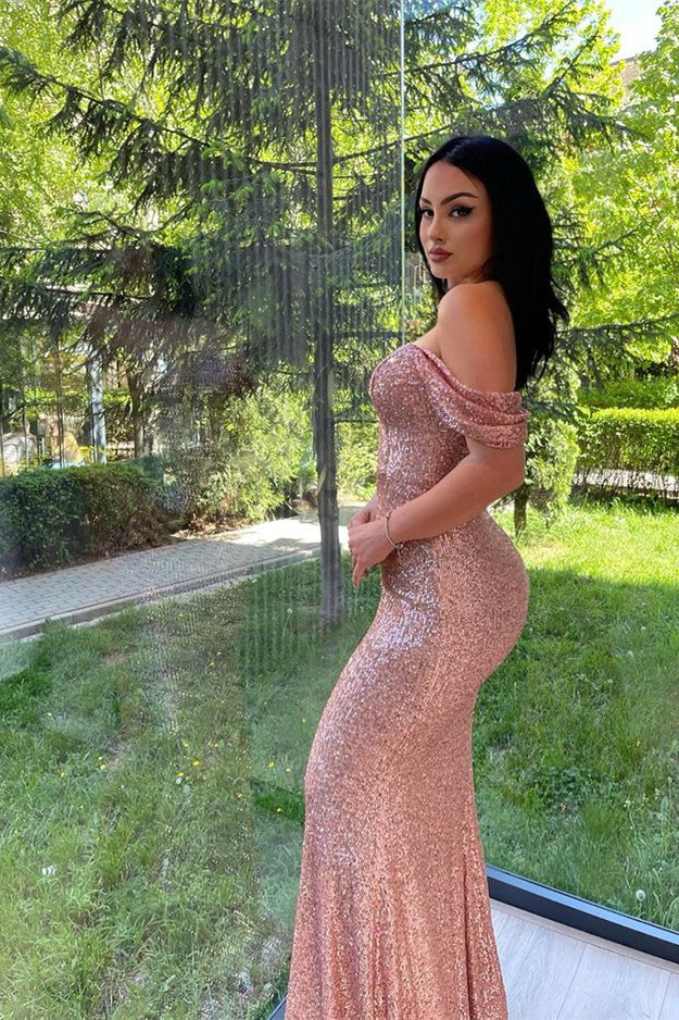 Pink V-Neck Long Sleeves Mermaid Prom Dress with Sequins