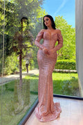 Abito da Ballo Sirena con Scollo a V, Maniche Lunghe e Paillettes Rosa